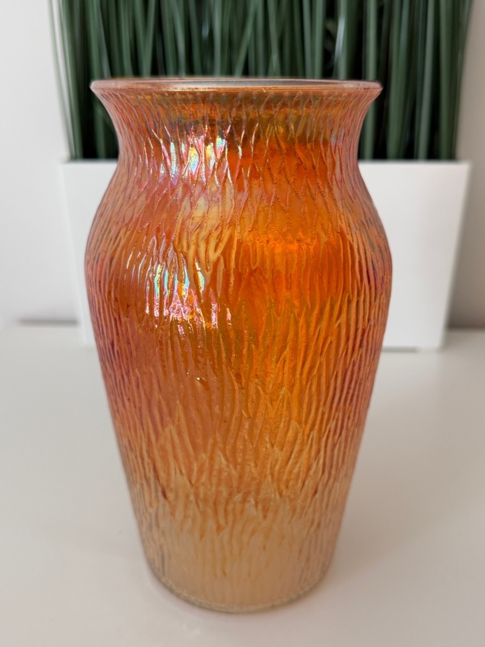Vintage Iridescent Orange Textured Glass Vase
